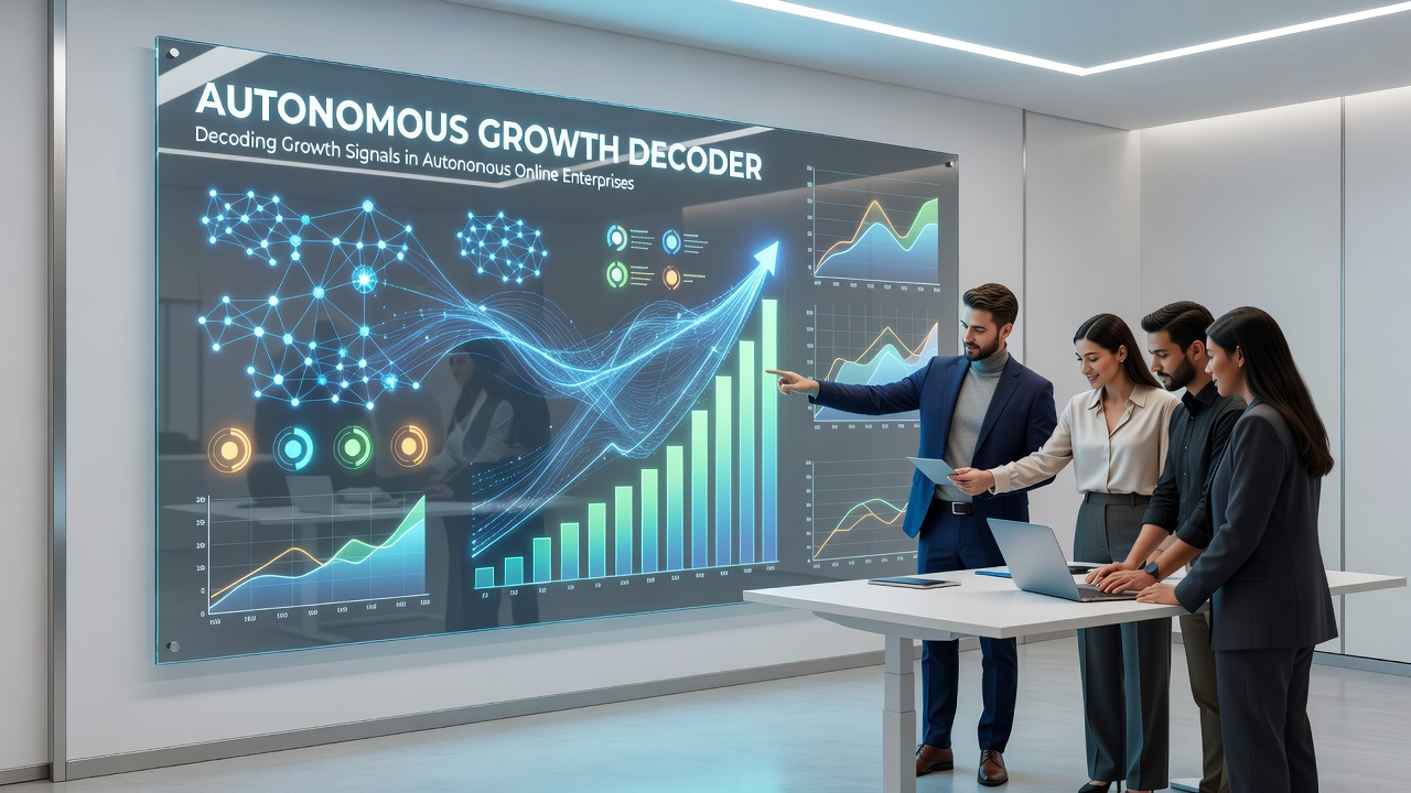 Visualization of growth signal patterns in autonomous online enterprises with charts tracking user retention and revenue trends